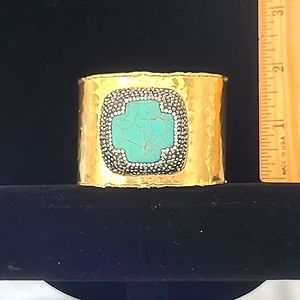Genuine Turquoise & Swarovski Black & Clear crystal wide cuff Designer Bracelet